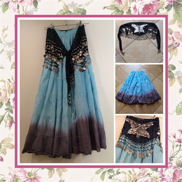 🌸 2PC BLUE MAXI SKIRT GYPSY FLARE WITH COIN BELT - Picture 2 of 8